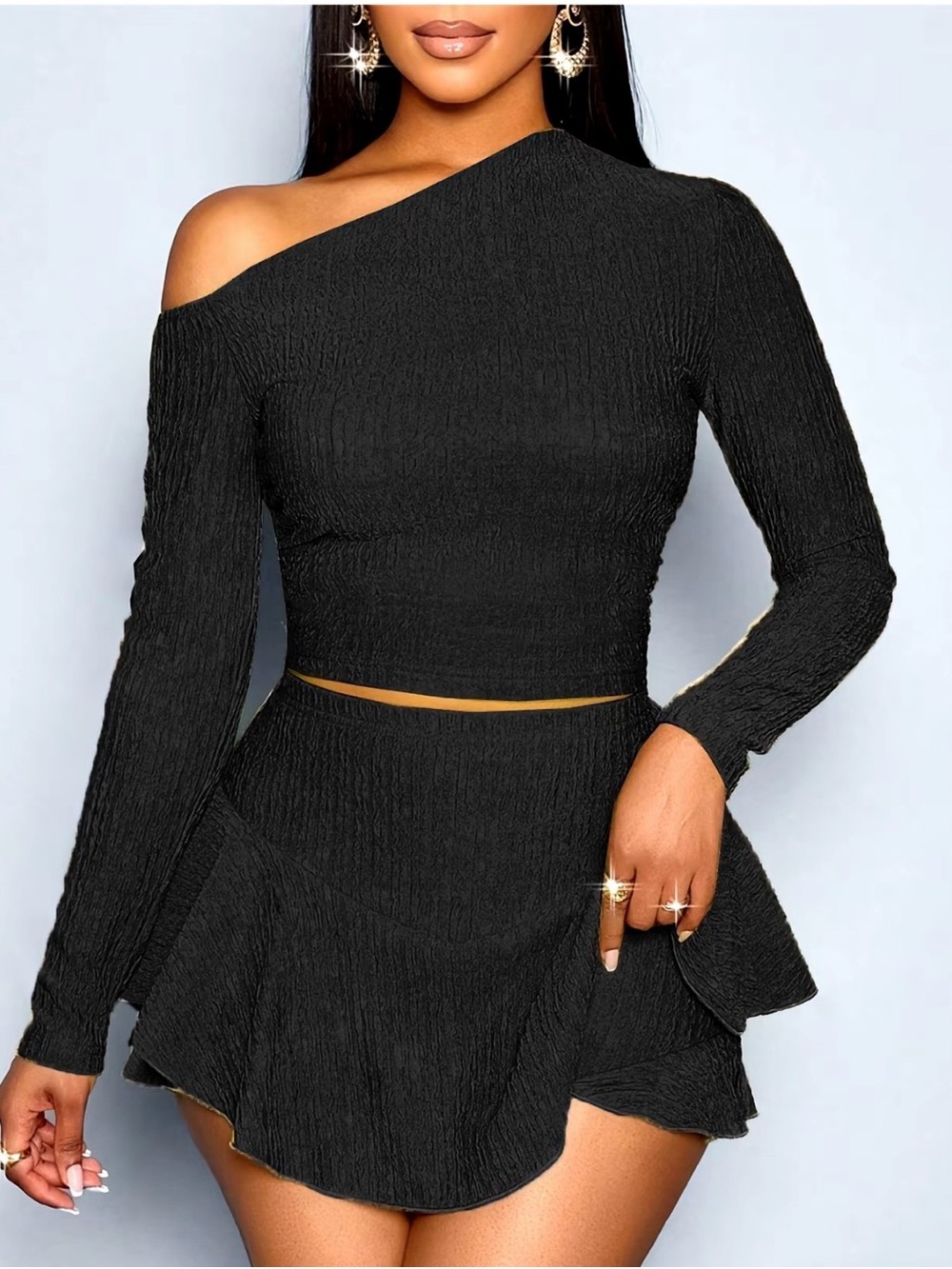 One-Shoulder Top & Black Ruffle Mini Skirt